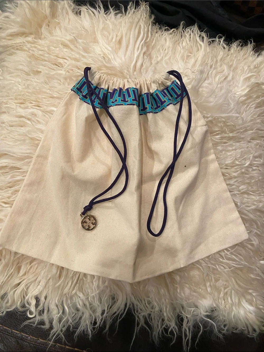 Tory Burch Cream Dust Cloth with Blue and Teal Trim 12/9 perfect for small purse